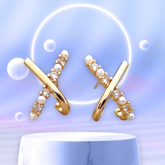 Gold Plated Cross Shaped Pearl and Zircon Stud Earrings - Picture 8 of 9